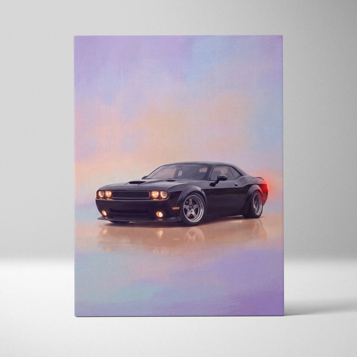 Dodge challenger inspired car wall art featuring a black muscle car with chrome wheels and glowing headlights on canvas