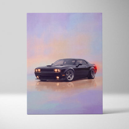 Dodge challenger inspired car wall art featuring a black muscle car with chrome wheels and glowing headlights on canvas