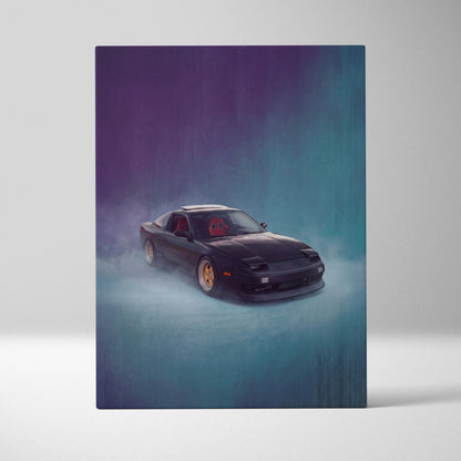 Nissan 240sx inspired automotive wall art featuring a black nissan 180sx drift car with gold rims and red interior painting