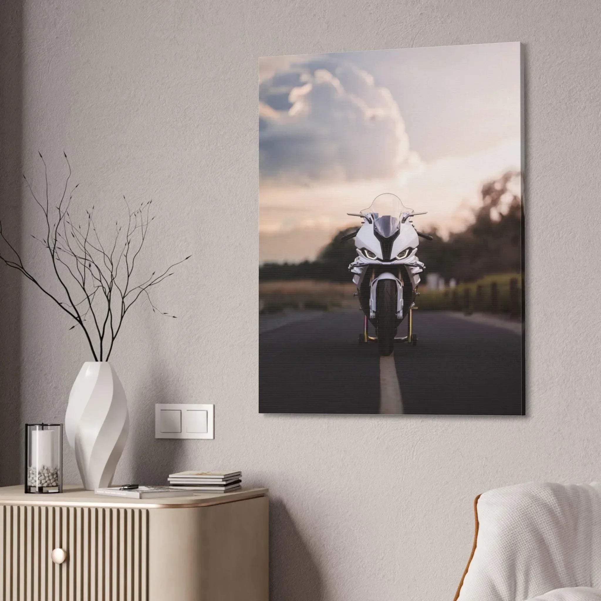 BMW S1000RR motorcycle canvas wall art with sunset sky, vertical museum-quality print.