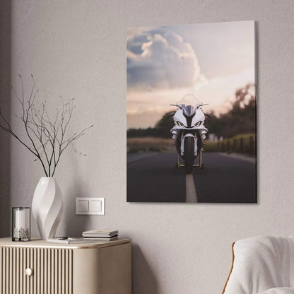 BMW S1000RR motorcycle canvas wall art with sunset sky, vertical museum-quality print.