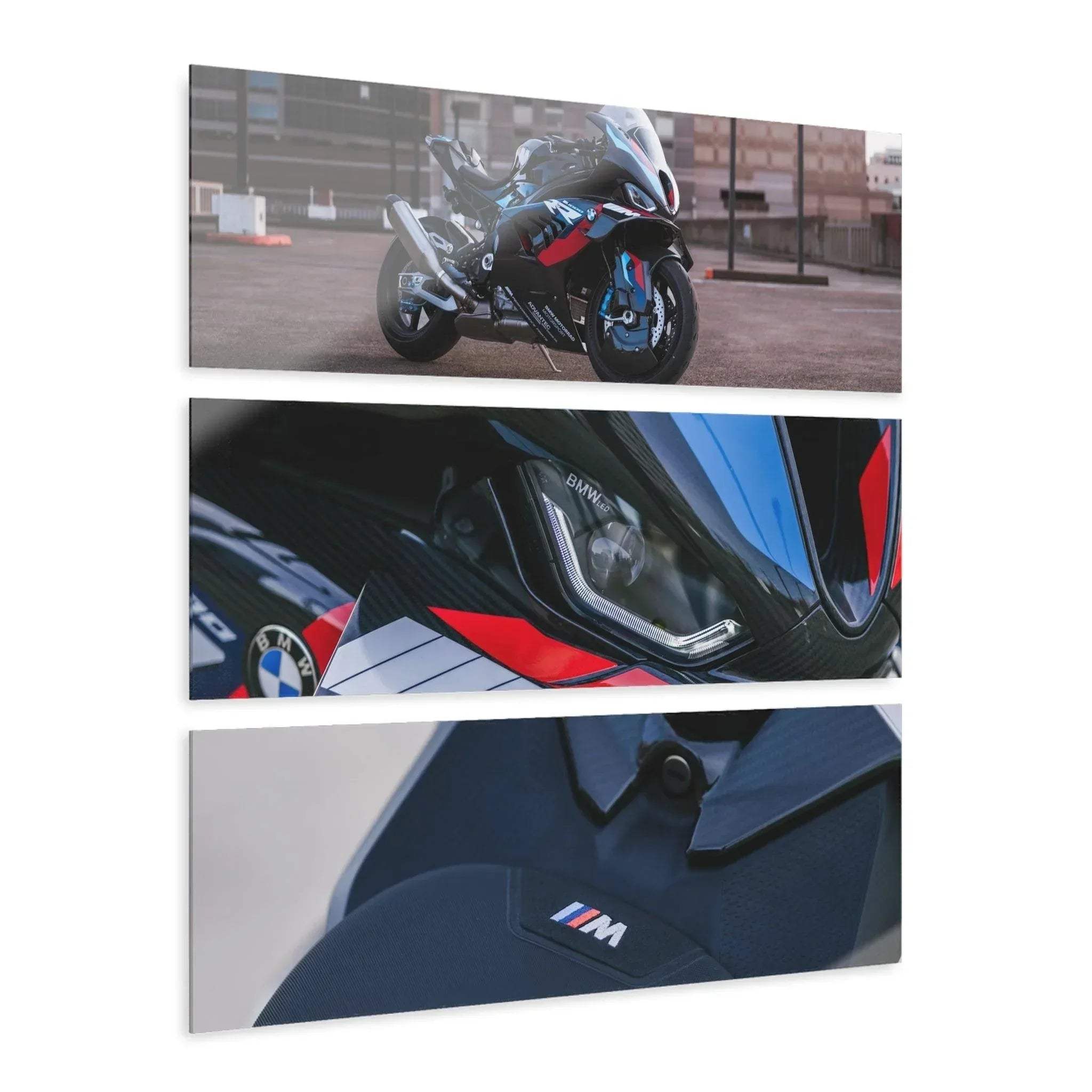 Three-piece acrylic wall art set featuring close-up and side views of BMW M1000RR motorcycle, vibrant canvas art with blue,.