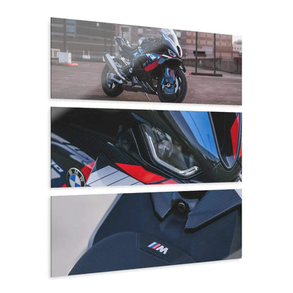 Three-piece acrylic wall art set featuring close-up and side views of BMW M1000RR motorcycle, vibrant canvas art with blue,.