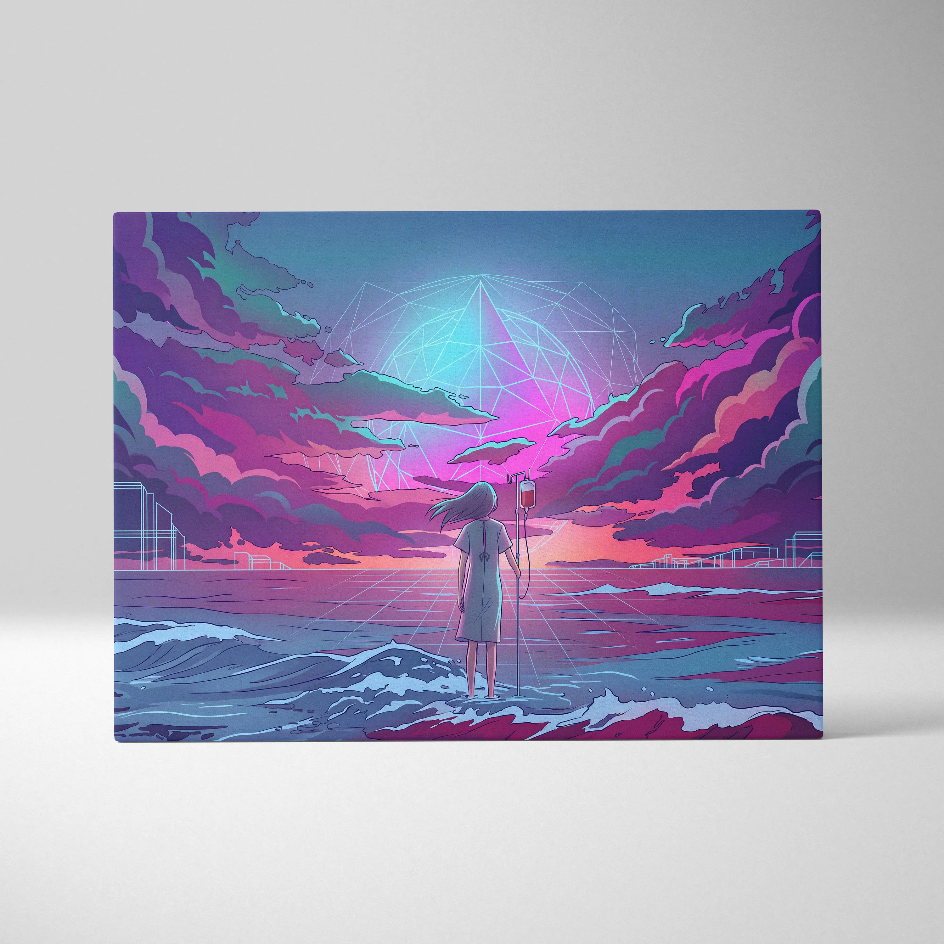 Vaporwave Neon Odyssey Canvas - Vaporwave Figure Neon Blue Living Room Retro Dreamy Neon Mood Modern Decor Canvas