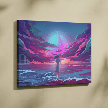Vaporwave Neon Odyssey Canvas - Vaporwave Figure Neon Blue Living Room Retro Dreamy Neon Mood Modern Decor Canvas