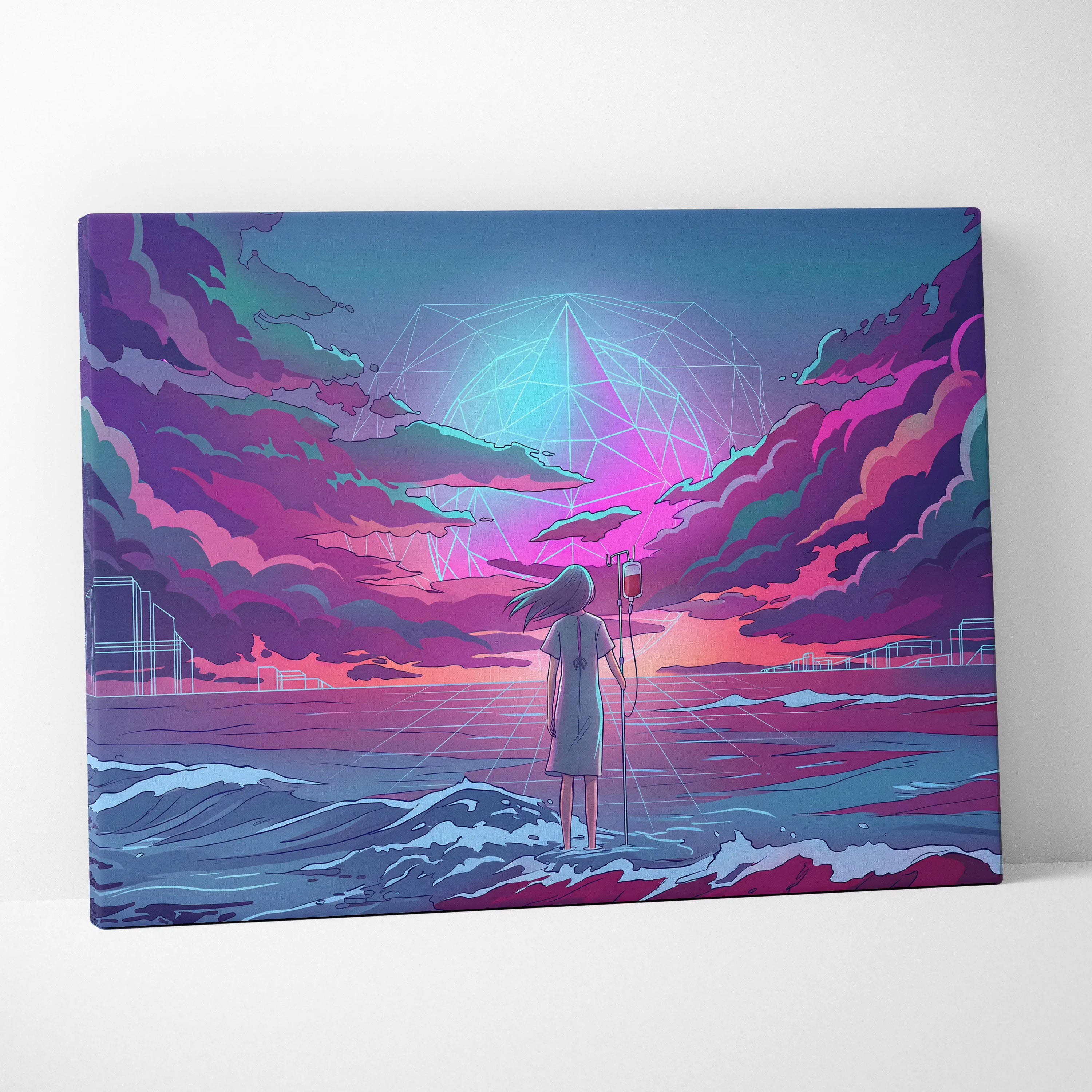 Vaporwave Neon Odyssey Canvas - Vaporwave Figure Neon Blue Living Room Retro Dreamy Neon Mood Modern Decor Canvas