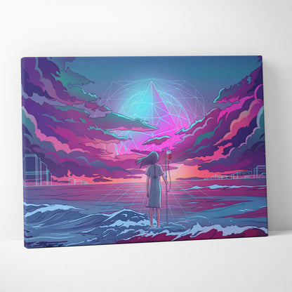 Vaporwave Neon Odyssey Canvas - Vaporwave Figure Neon Blue Living Room Retro Dreamy Neon Mood Modern Decor Canvas