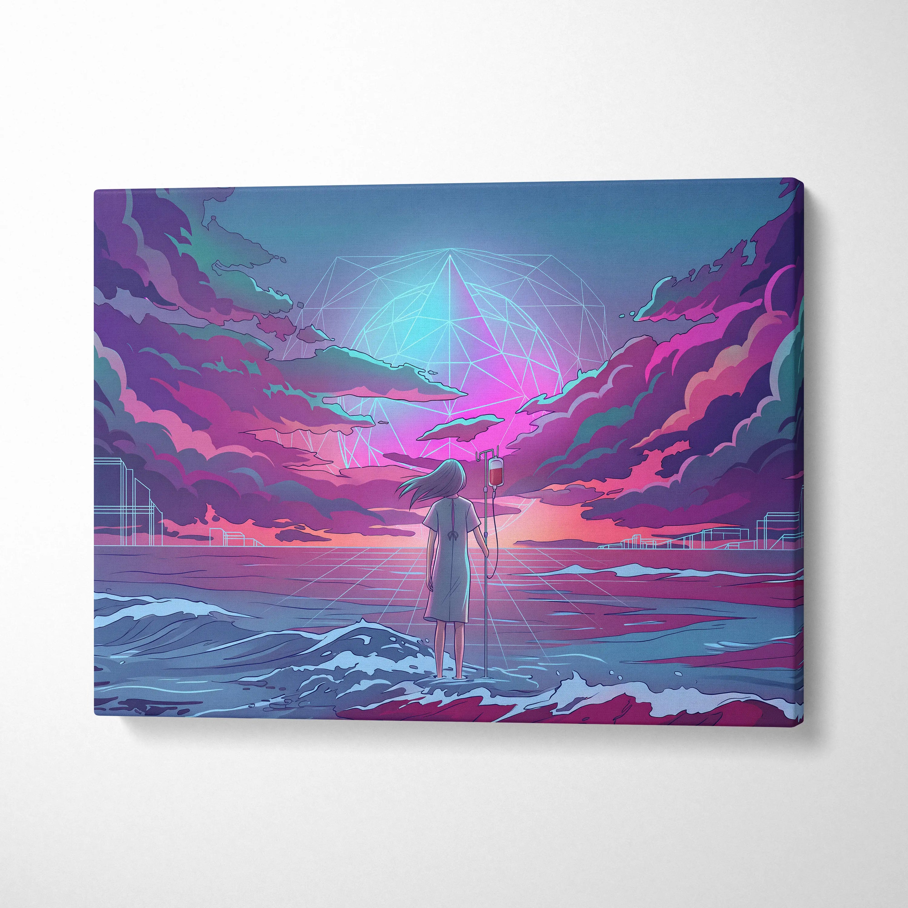 Vaporwave Neon Odyssey Canvas - Vaporwave Figure Neon Blue Living Room Retro Dreamy Neon Mood Modern Decor Canvas