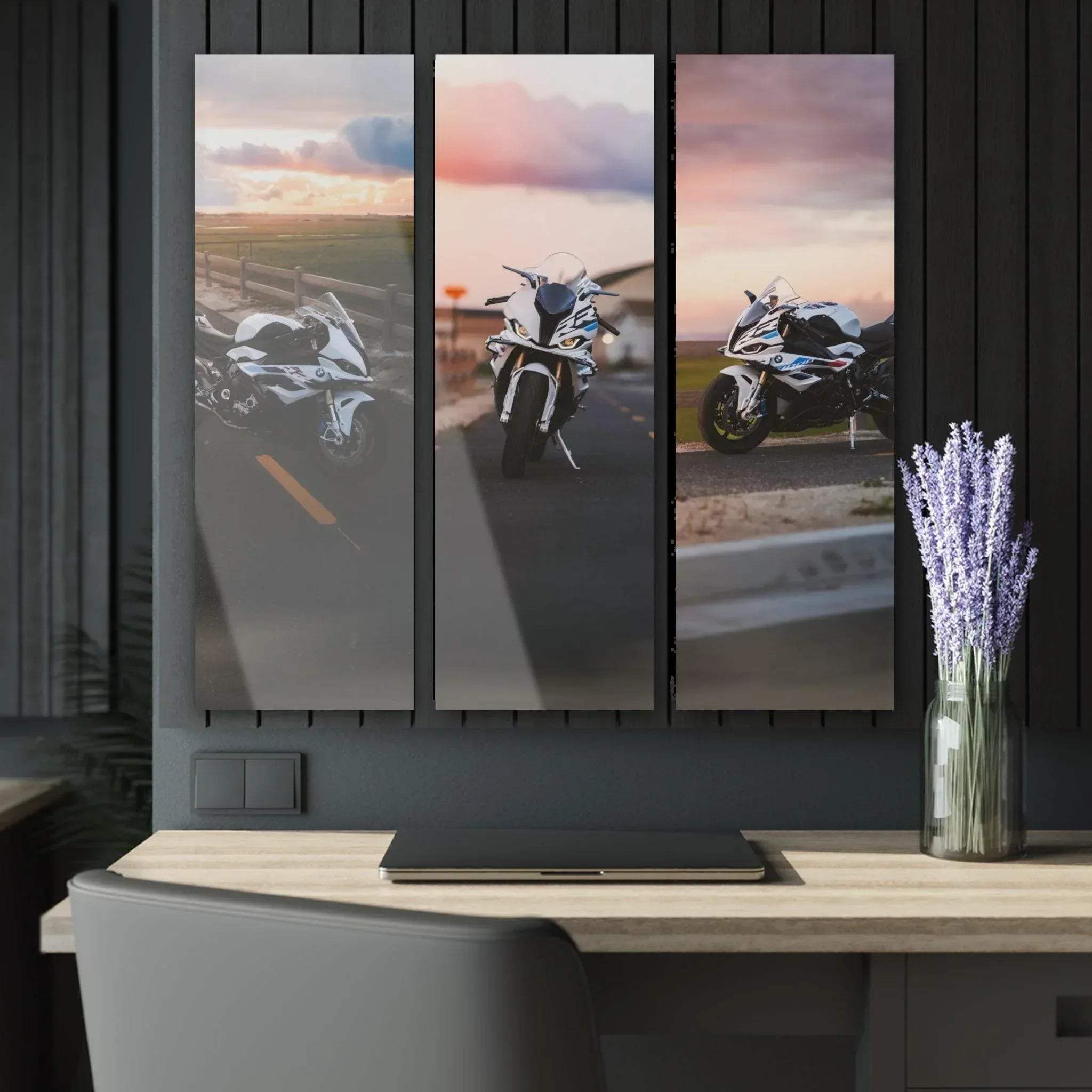 BMW S1000RR motorcycle canvas art three-piece wall art set with sunset background.