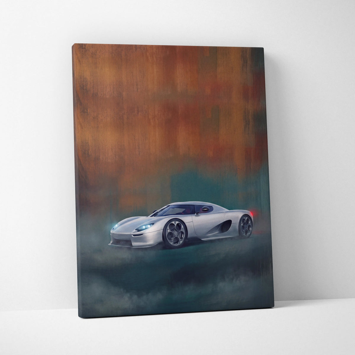Silver koenigsegg cc850 inspired hypercar canvas art print featuring a dynamic misty scene for custom wall decor