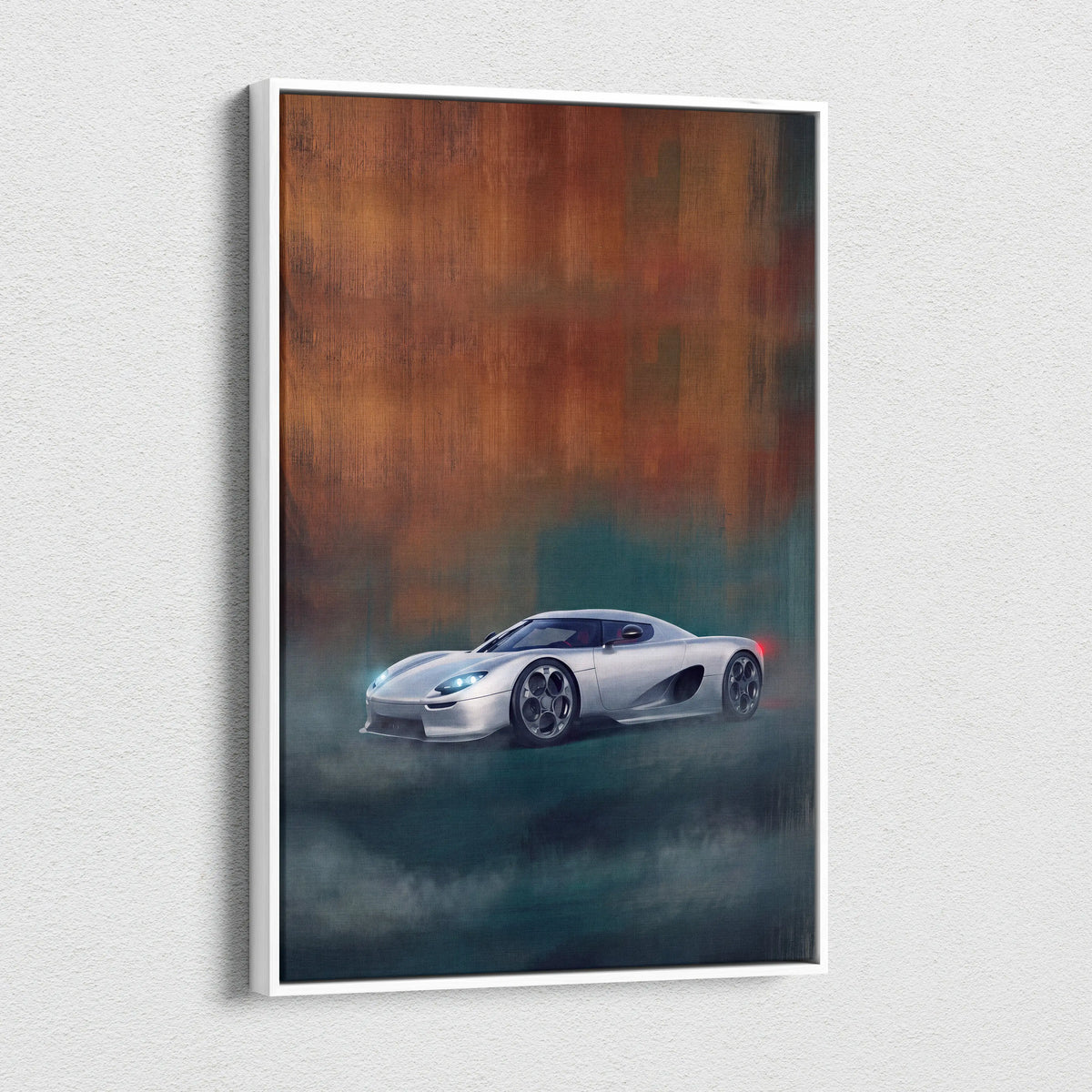 Silver koenigsegg cc850 inspired hypercar canvas art with dramatic orange and teal background for custom wall decor