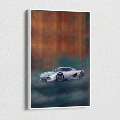 Silver koenigsegg cc850 inspired hypercar canvas art with dramatic orange and teal background for custom wall decor
