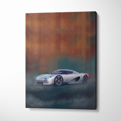 Koenigsegg cc850 inspired supercar canvas art featuring a silver hypercar with glowing headlights on textured background