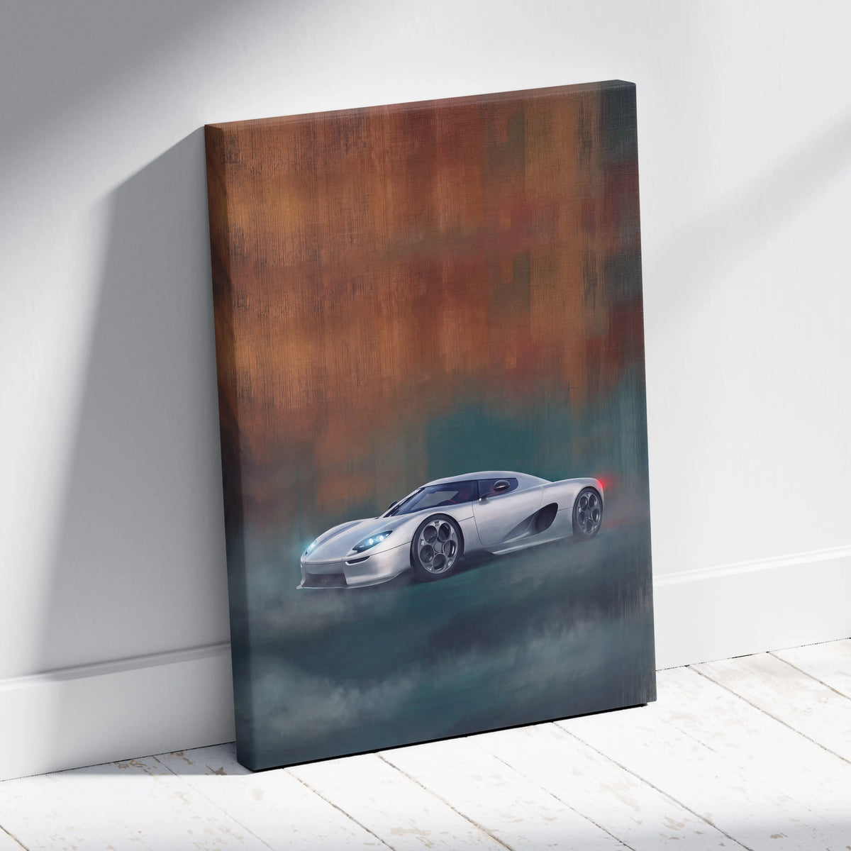 Koenigsegg CC850 inspired supercar canvas art featuring a silver hypercar on rust toned teal gradient background