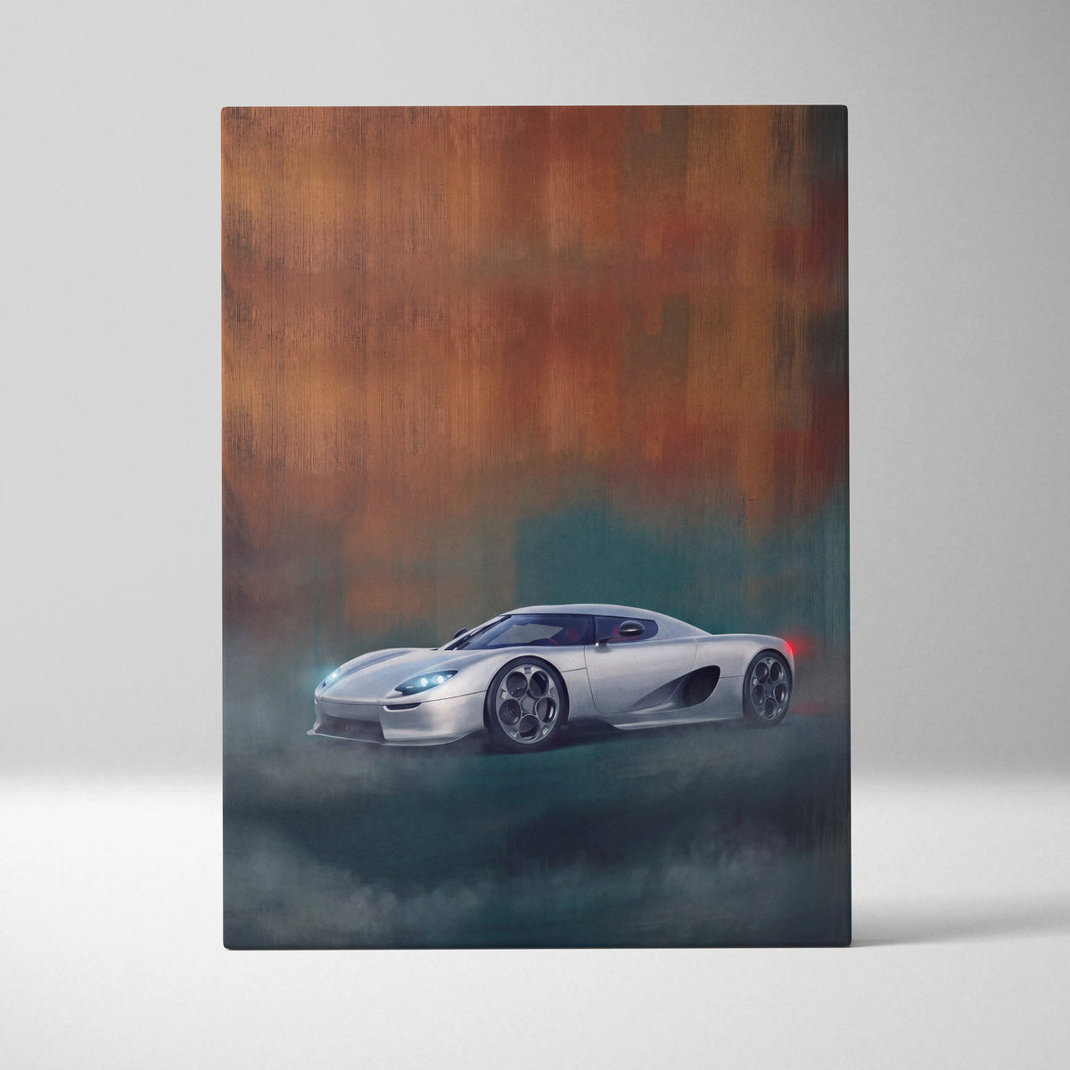 Silver koenigsegg cc850 inspired hypercar canvas art with glowing headlights and dramatic atmospheric effects