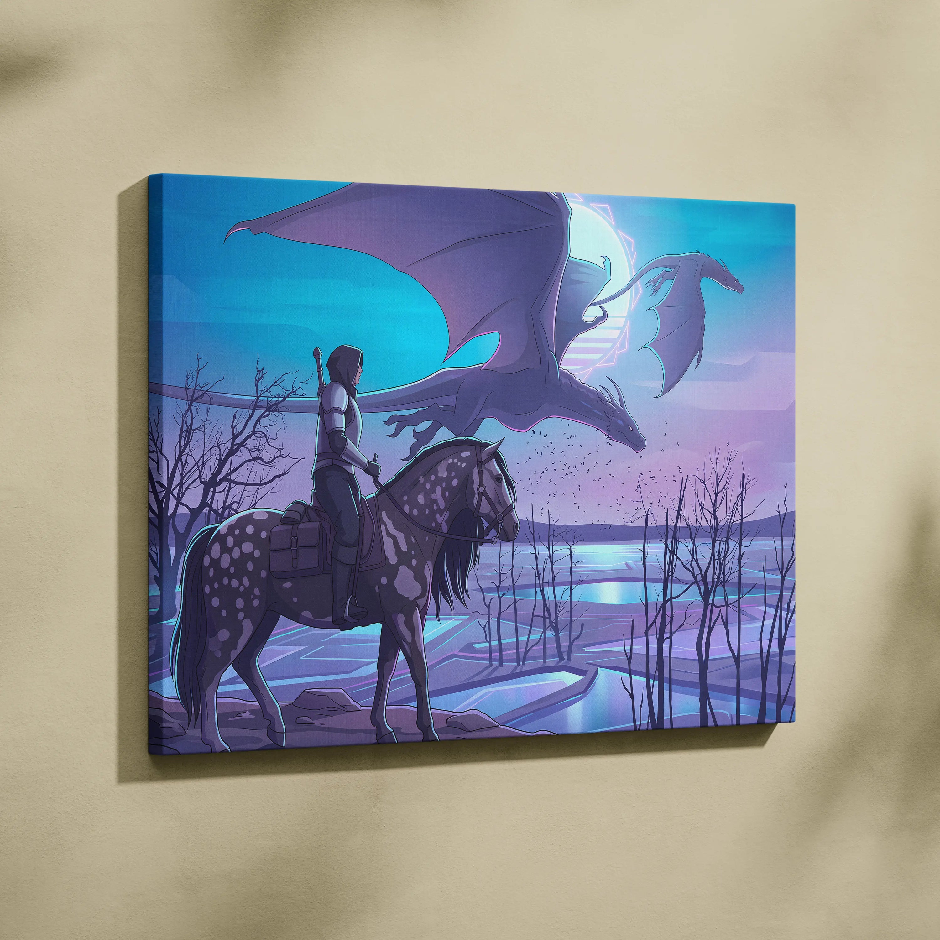 Vaporwave Neon Dragon Canvas - Dragon Neon Blues Purple Pink Room Vaporwave Mood Dreamy Modern Decor Neon Art Canvas