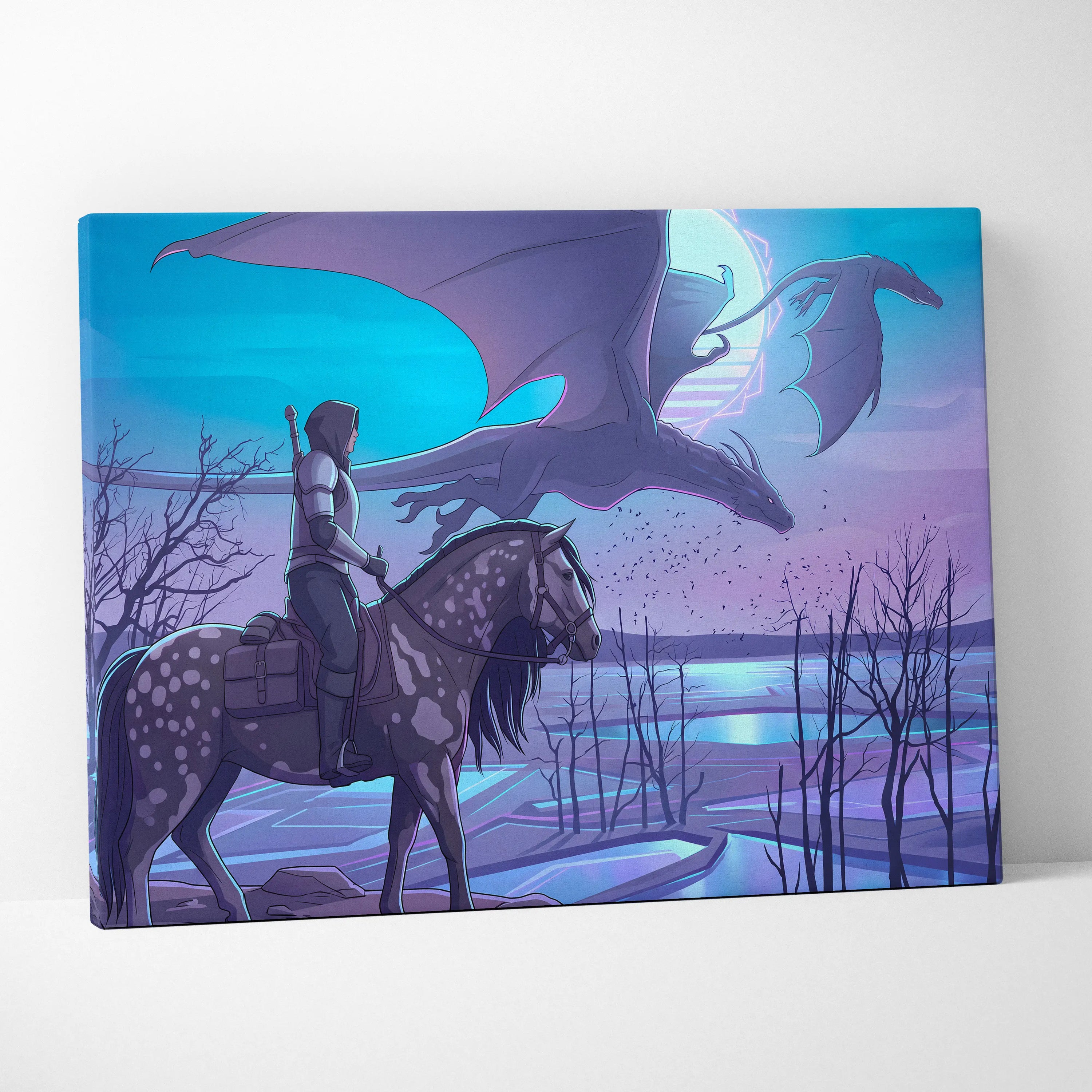Vaporwave Neon Dragon Canvas - Dragon Neon Blues Purple Pink Room Vaporwave Mood Dreamy Modern Decor Neon Art Canvas