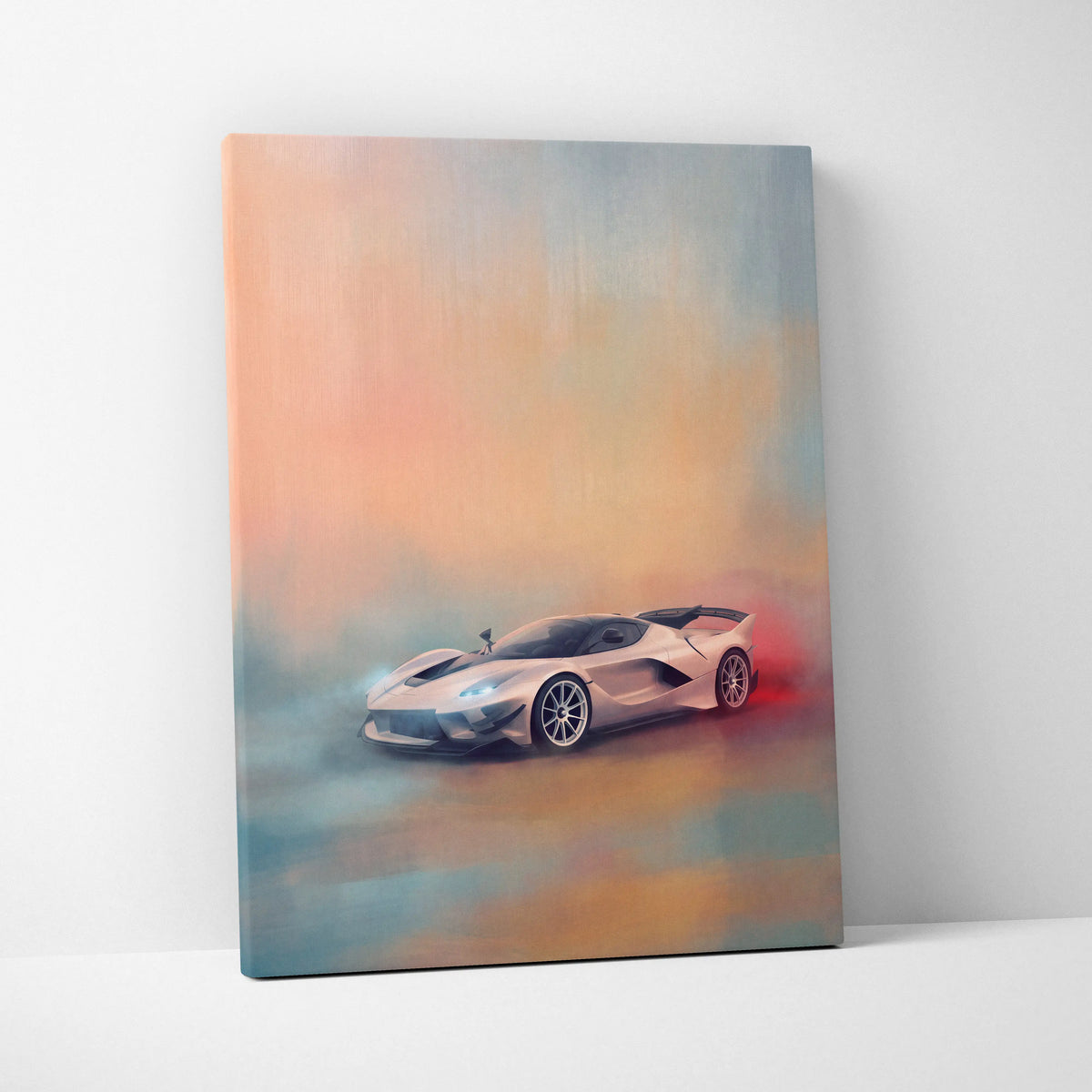 A sleek metallic silver ferrari laferrari on peach and blue gradient abstract canvas premium automotive wall decor