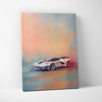 A sleek metallic silver ferrari laferrari on peach and blue gradient abstract canvas premium automotive wall decor