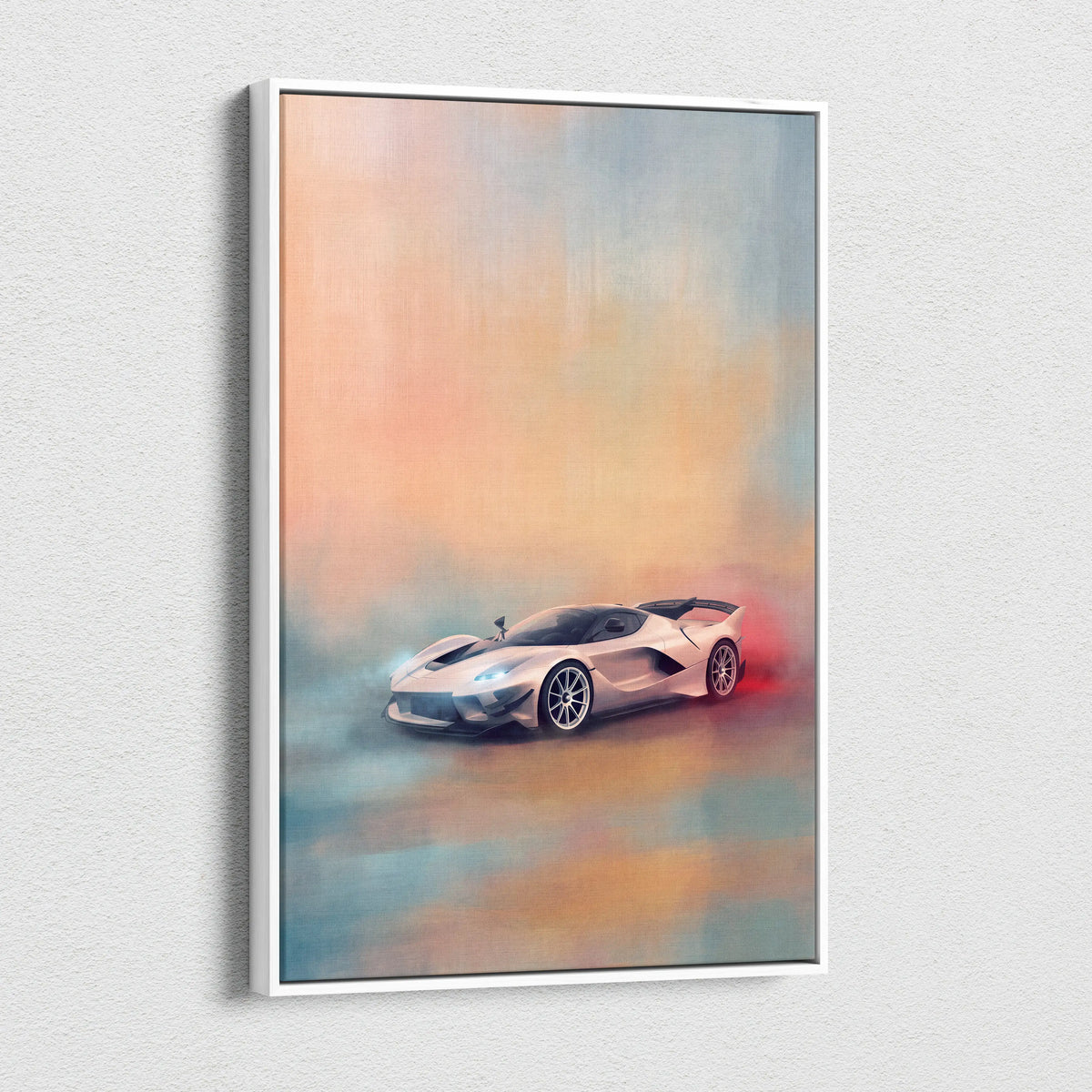 A sleek silver sports car in a modern abstract painting on premium canvas wall decor inspired by ferrari fxx-k evo