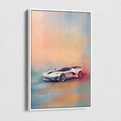 A sleek silver sports car in a modern abstract painting on premium canvas wall decor inspired by ferrari fxx-k evo