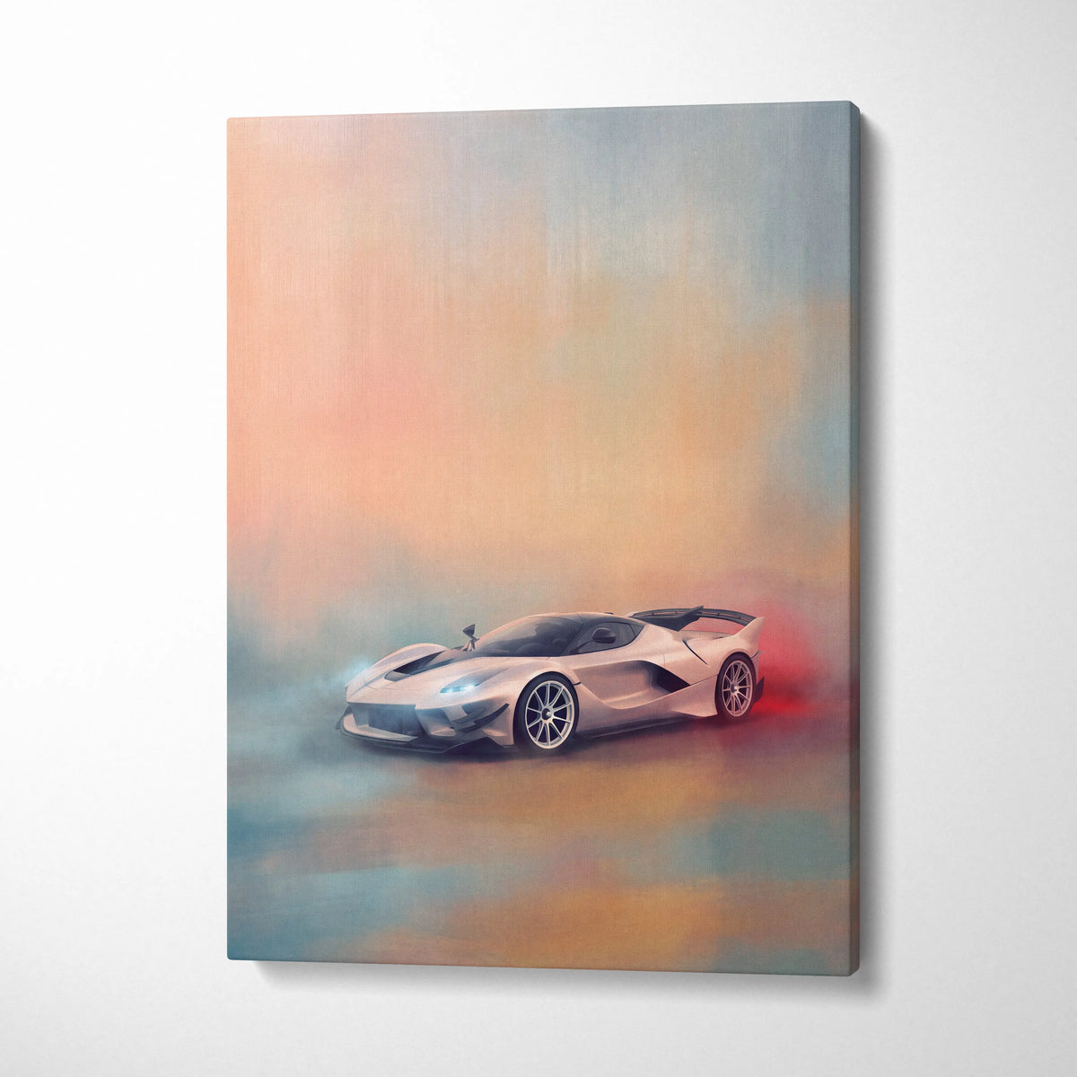 A sleek silver Ferrari laferrari sports car in dynamic smoky artistic canvas for premium automotive wall decor