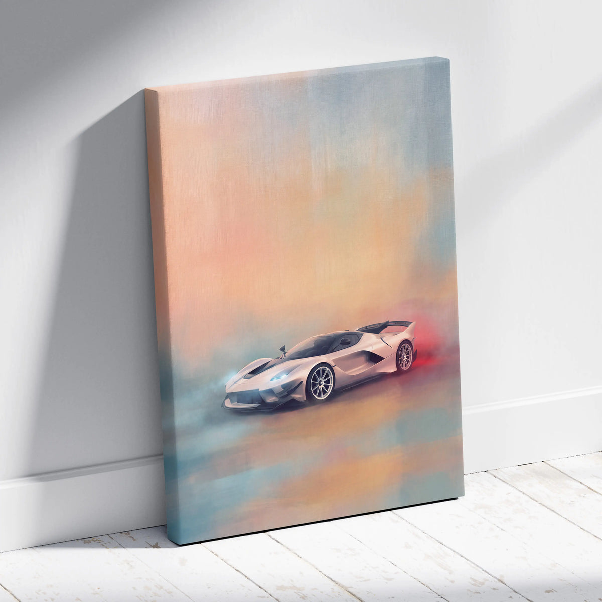 A sleek silver Ferrari laferrari sports car on soft-focus canvas print with warm orange and cool blue gradient background