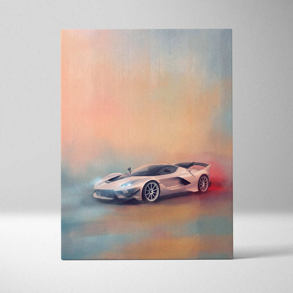 Premium canvas art featuring a sleek silver ferrari laferrari in a dynamic smoky rendering for wall decor