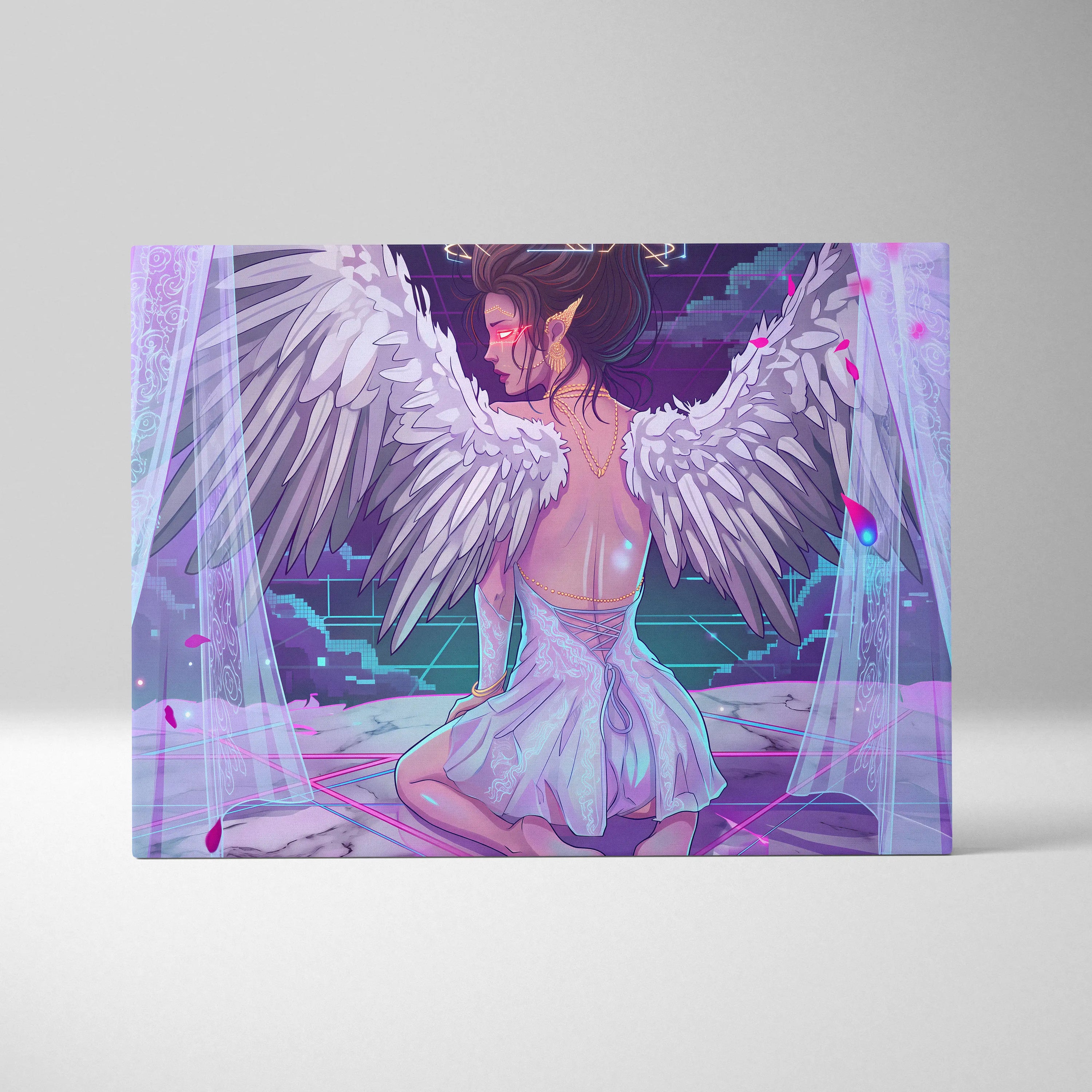 Vaporwave Angel Neon Canvas - Angel Neon Pink Blue Living Room Vaporwave Dreamy Mood Neon Retrofuturist Angel Art Canvas