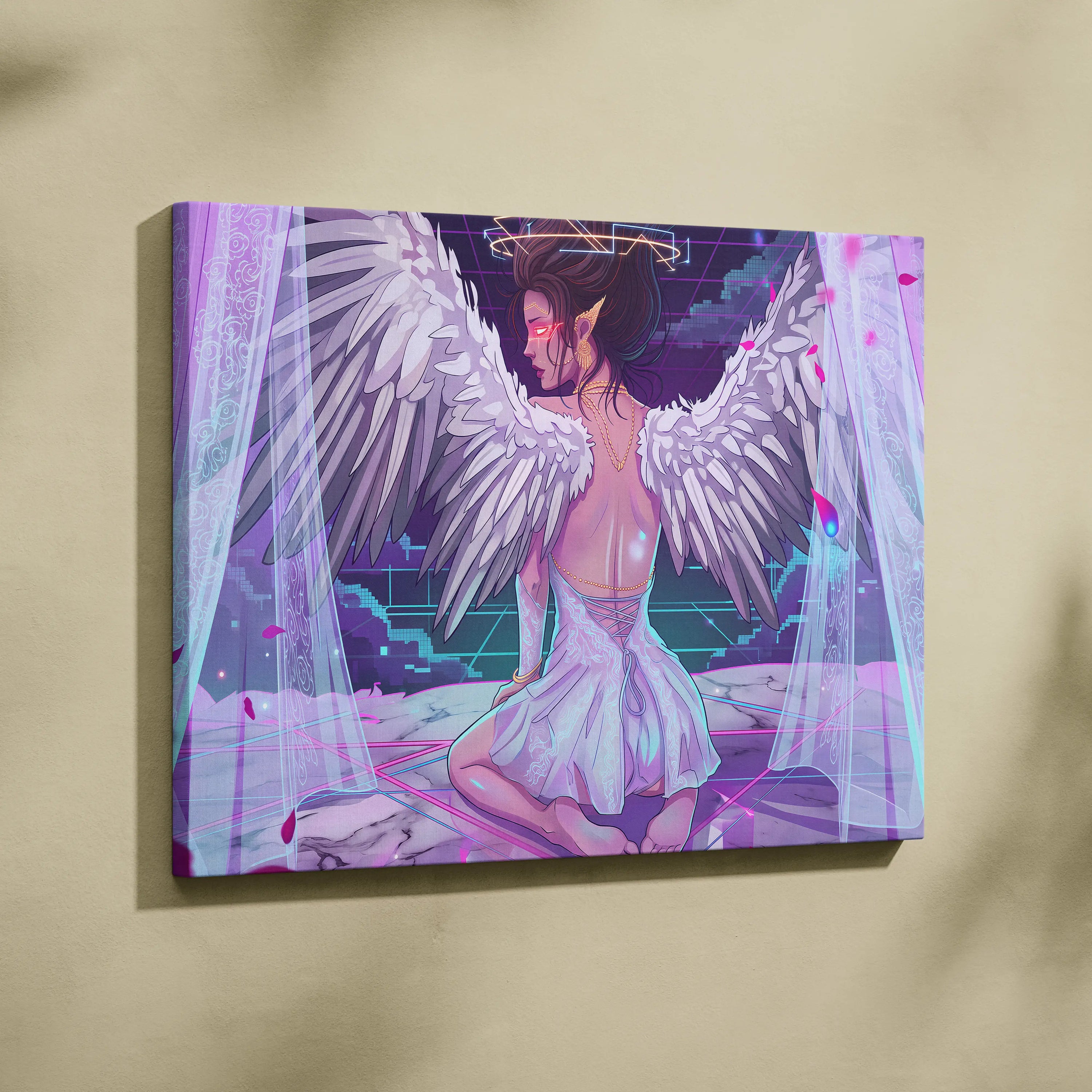 Vaporwave Angel Neon Canvas - Angel Neon Pink Blue Living Room Vaporwave Dreamy Mood Neon Retrofuturist Angel Art Canvas