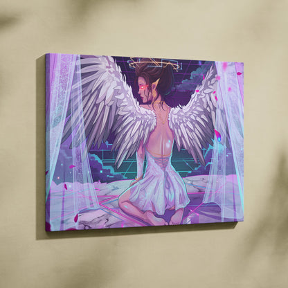 Vaporwave Angel Neon Canvas - Angel Neon Pink Blue Living Room Vaporwave Dreamy Mood Neon Retrofuturist Angel Art Canvas