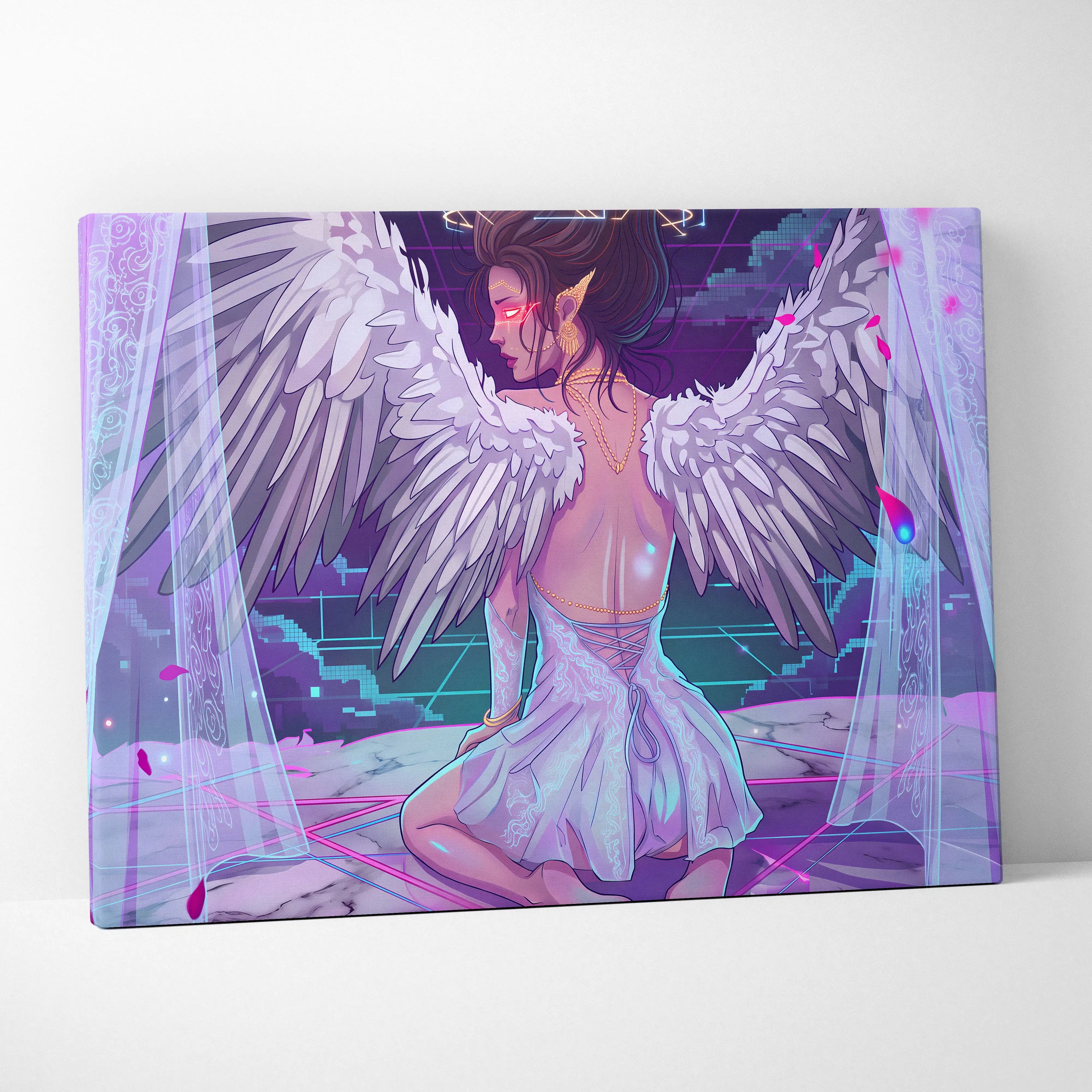 Vaporwave Angel Neon Canvas - Angel Neon Pink Blue Living Room Vaporwave Dreamy Mood Neon Retrofuturist Angel Art Canvas