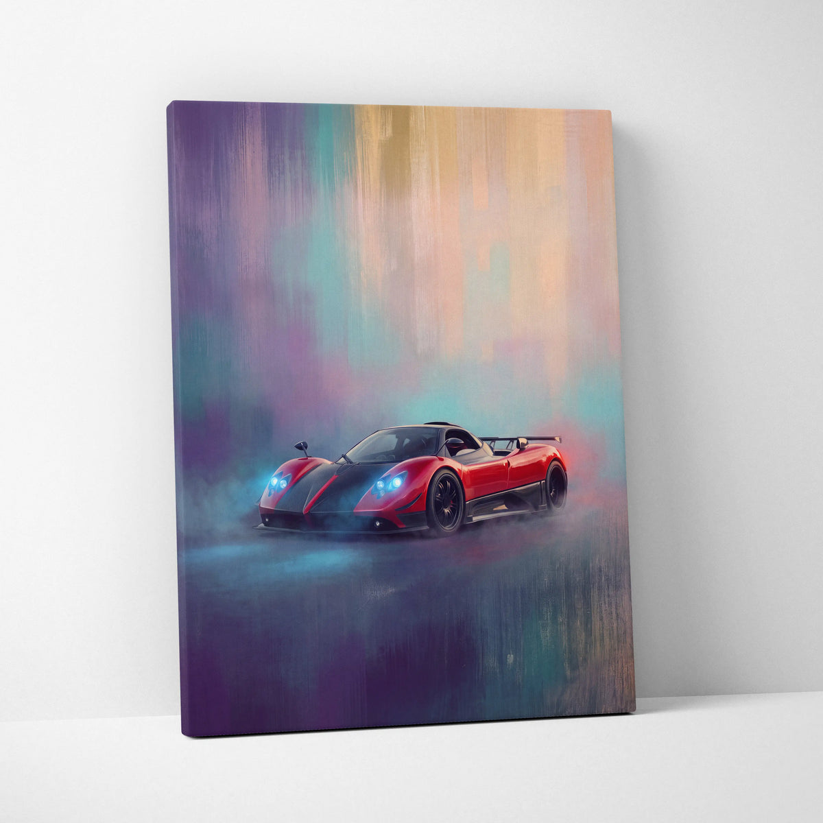 Red and black pagani zonda r inspired canvas print with glowing blue headlights and vibrant abstract sky backdrop