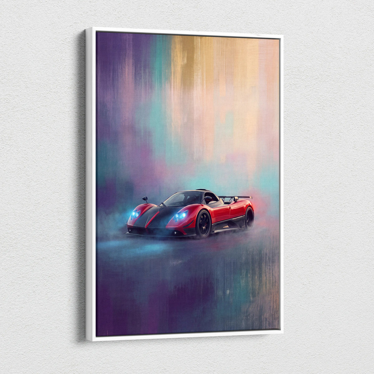 Pagani Zonda R inspired car wall art canvas painting print featuring a vibrant red and black sports car with glowing blue headlights
