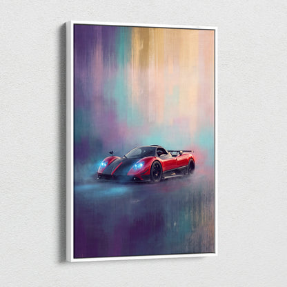 Pagani Zonda R inspired car wall art canvas painting print featuring a vibrant red and black sports car with glowing blue headlights