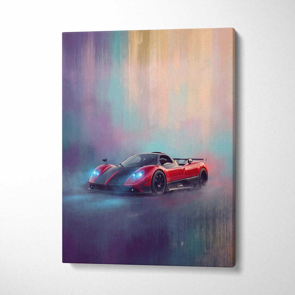 Red and black pagani zonda r inspired sports car canvas print with glowing blue headlights on abstract background