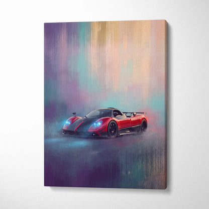 Red and black pagani zonda r inspired sports car canvas print with glowing blue headlights on abstract background