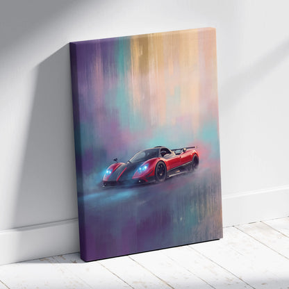 Red and black pagani zonda r inspired canvas wall art with glowing blue headlights on vibrant abstract background
