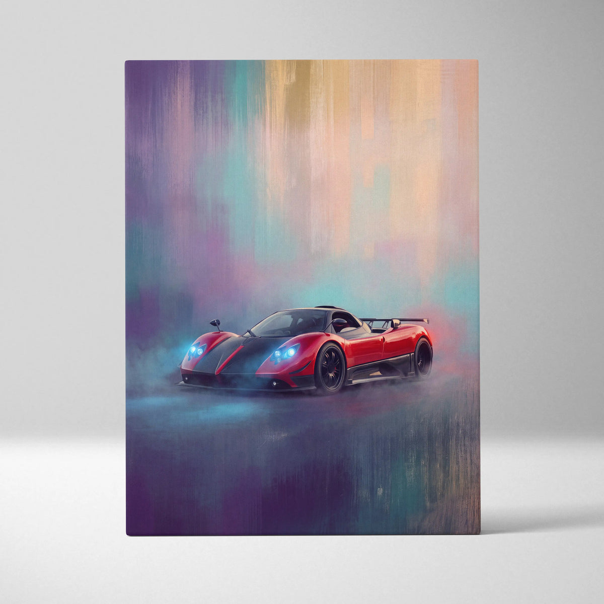 Red and black pagani zonda r inspired sports car with glowing blue headlights in stylized track edition canvas art