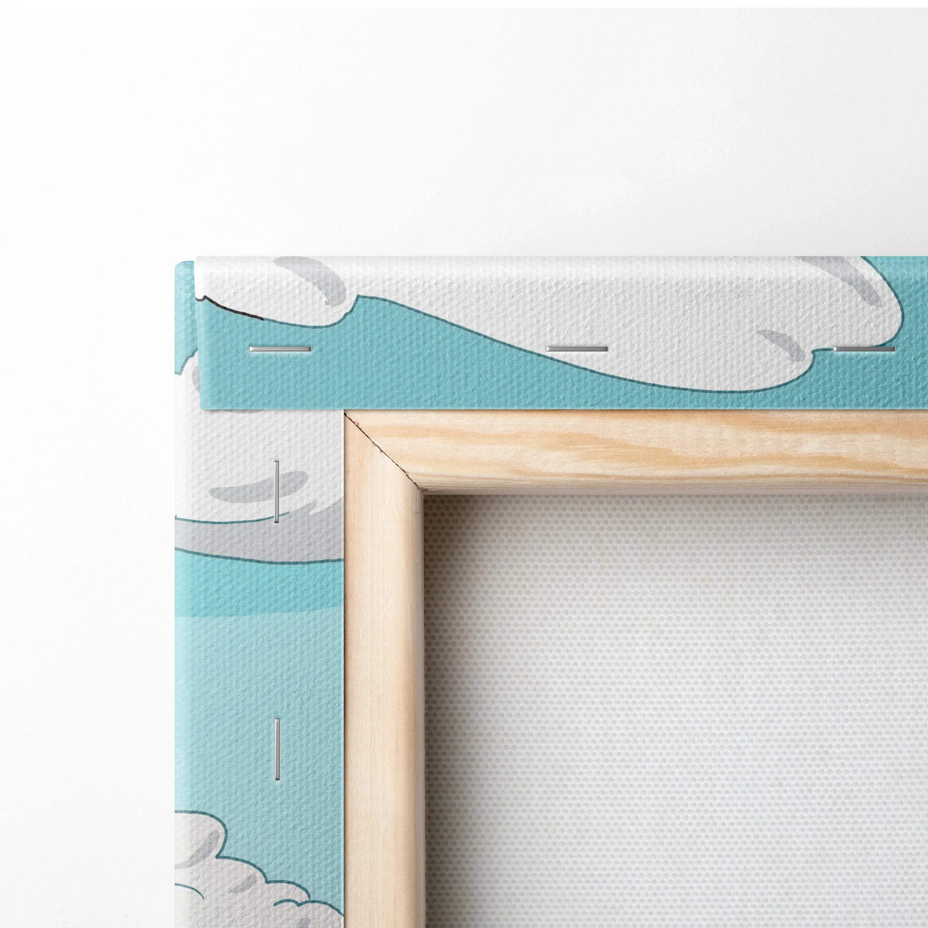 Light wood frame with teal white cartoon ocean wave canvas art