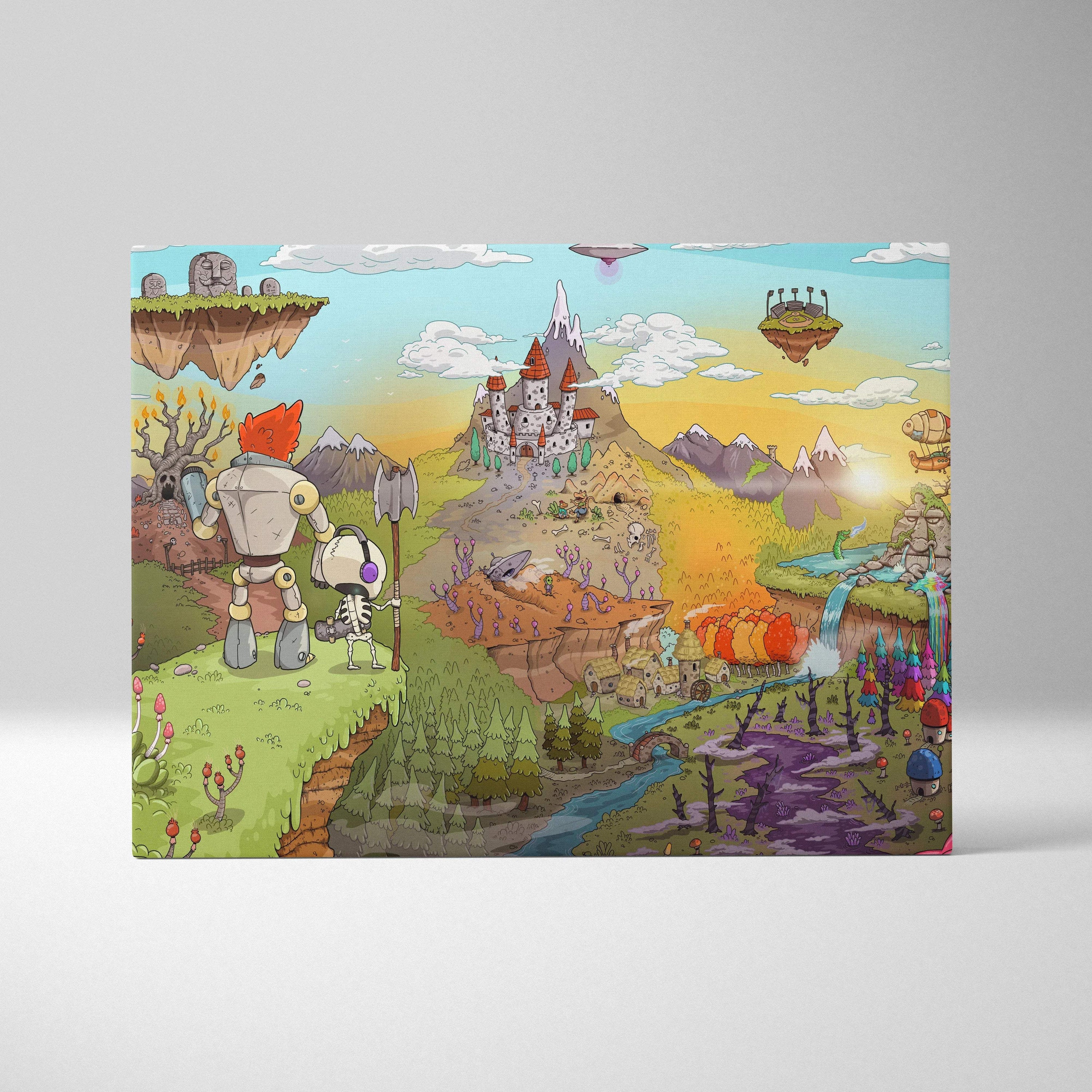 Whimsical fantasy map canvas with playful robots, adventurers, floating islands, castles