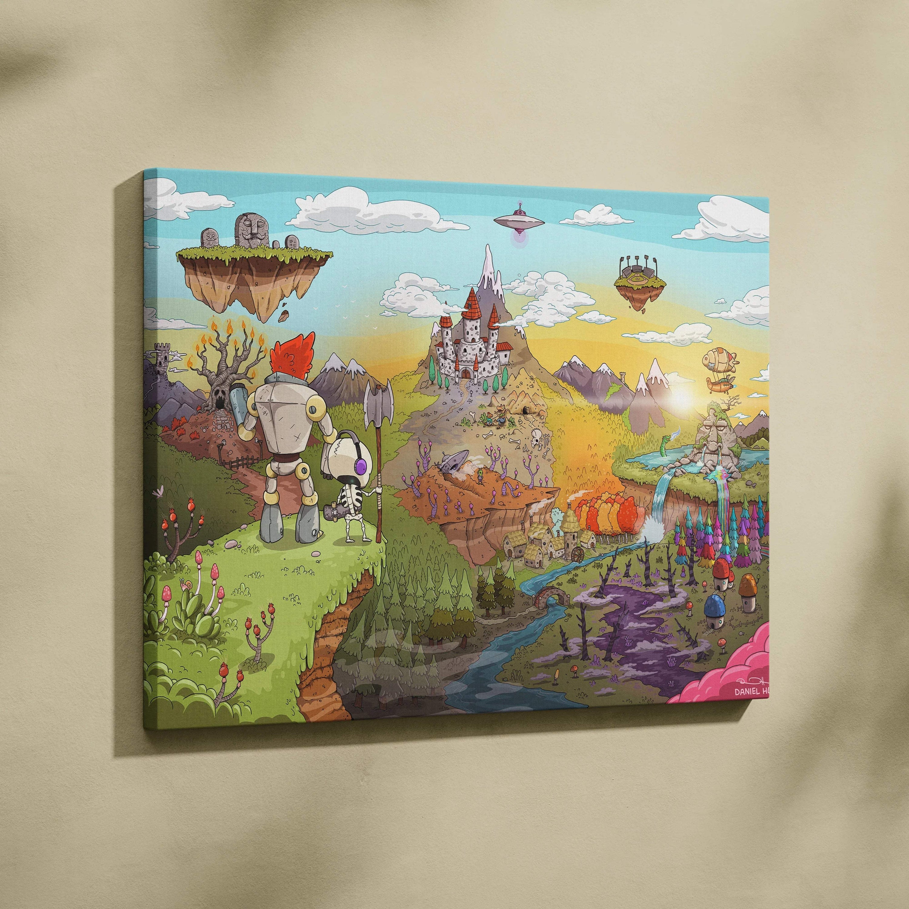 Whimsical robot and skeleton on cliff over floating islands, castles, forests, rivers canvas art
