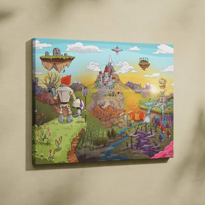 Whimsical robot and skeleton on cliff over floating islands, castles, forests, rivers canvas art