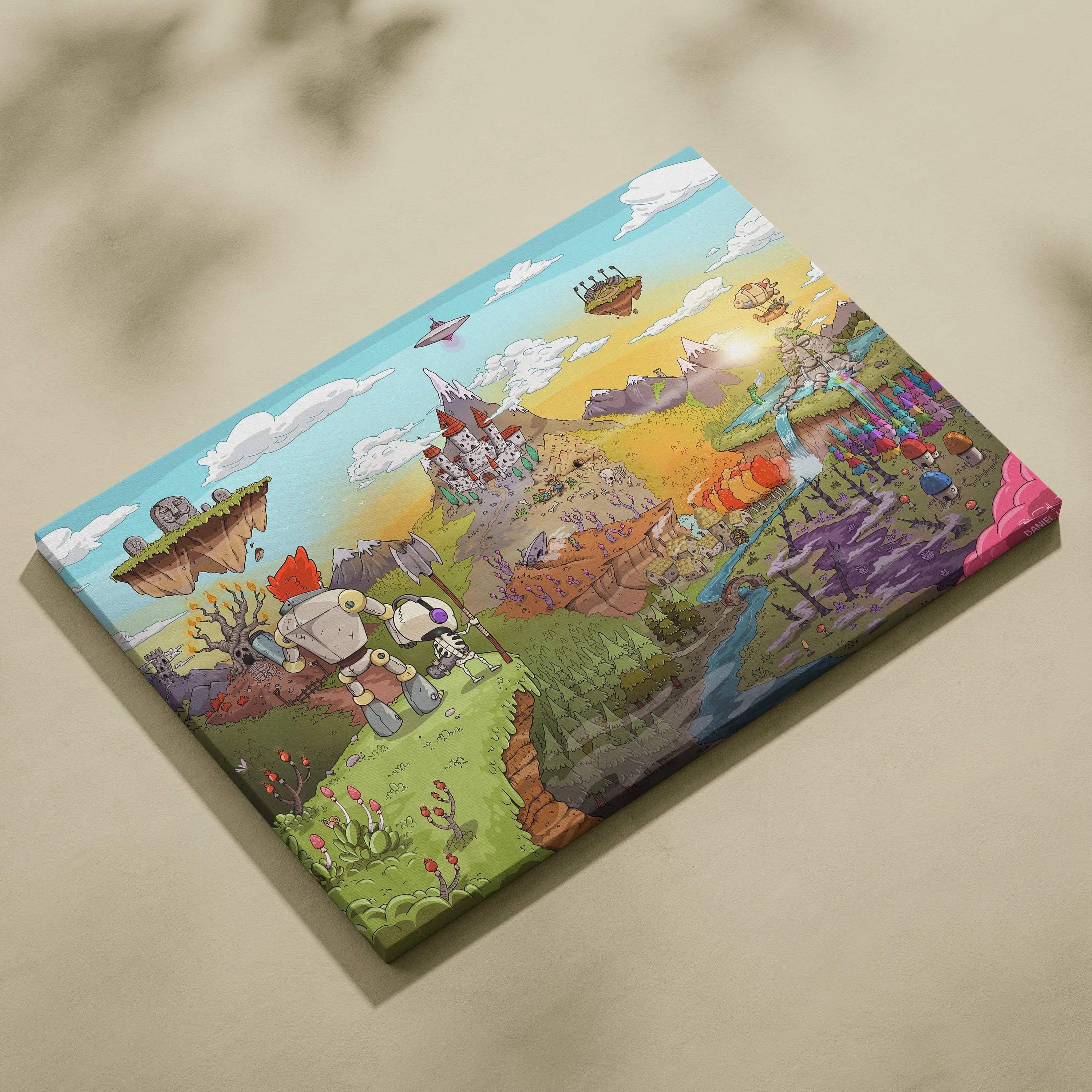 Vibrant whimsical fantasy map canvas with playful robots adventurers over floating islands castles forests rivers