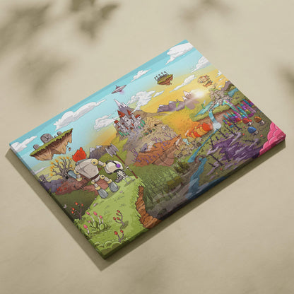 Vibrant whimsical fantasy map canvas with playful robots adventurers over floating islands castles forests rivers