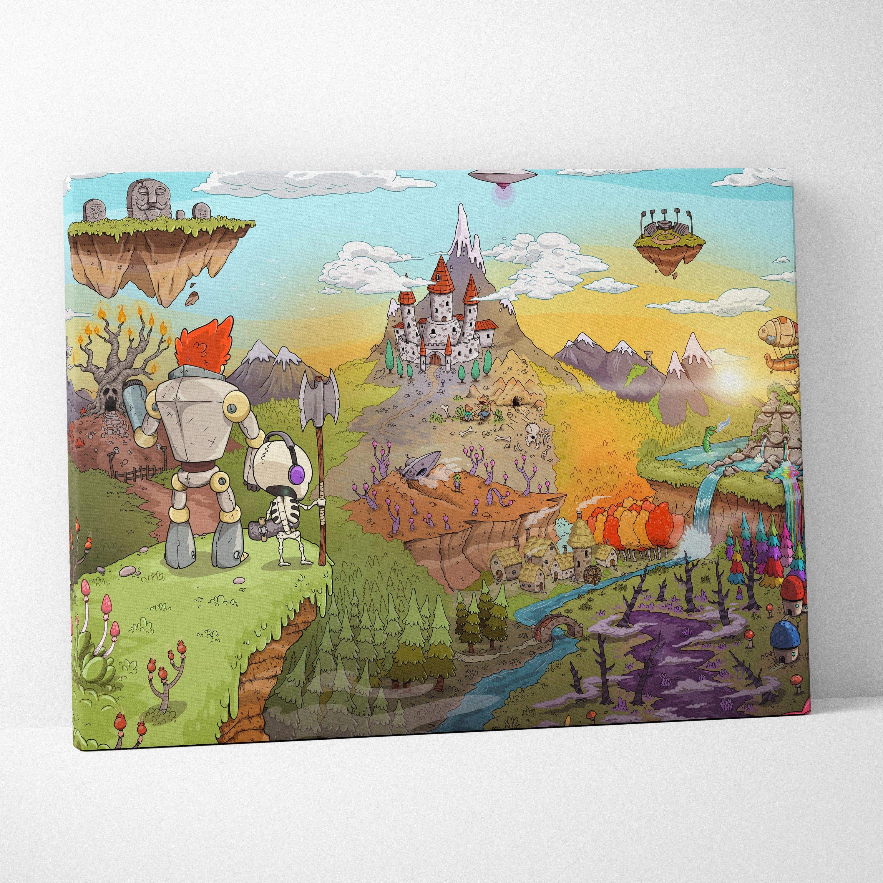 Whimsical fantasy canvas with floating islands castles robots adventurers