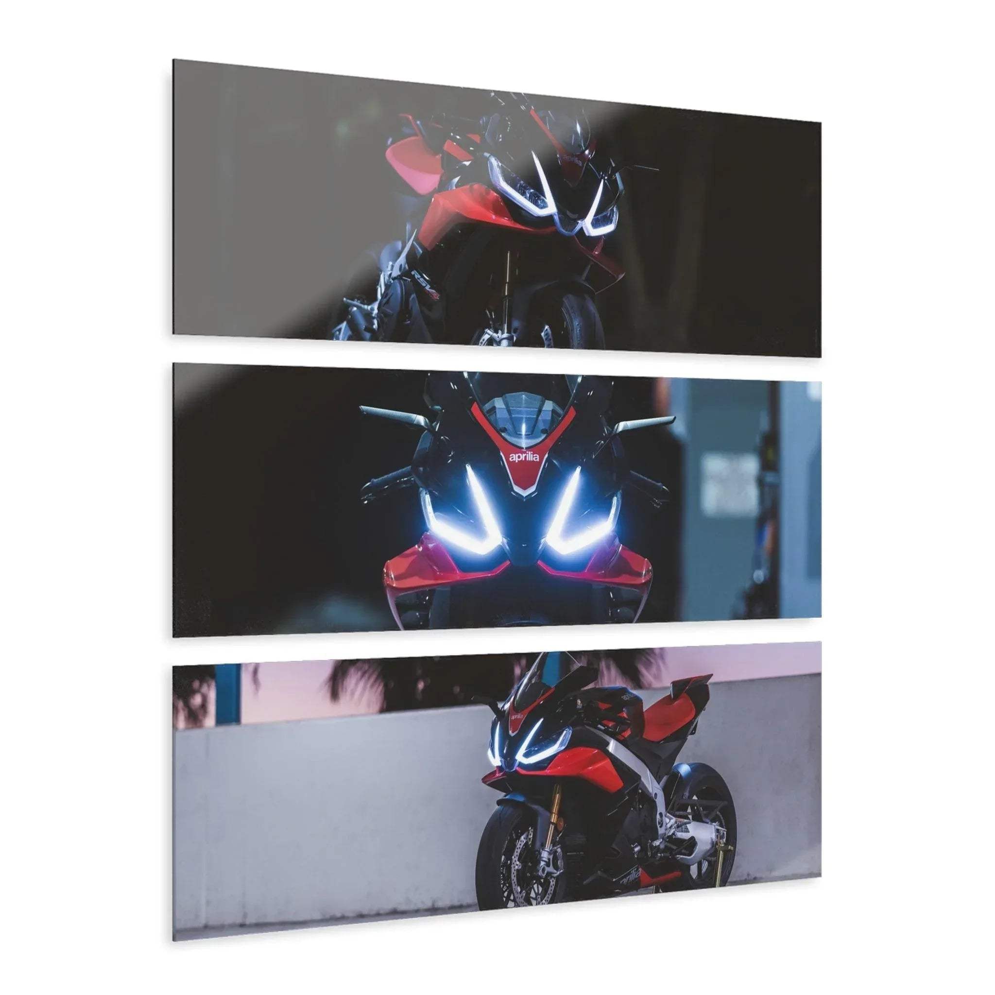 Aprilia RSV4 1100 Factory motorcycle close-up on three-piece acrylic canvas wall art with bright headlights and dark.