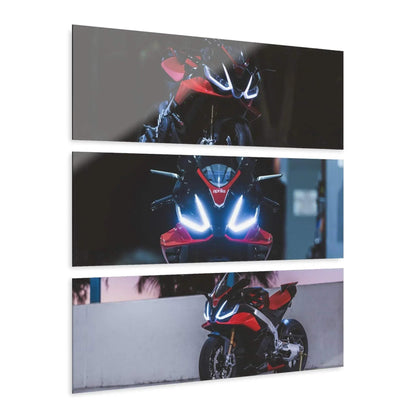Aprilia RSV4 1100 Factory motorcycle close-up on three-piece acrylic canvas wall art with bright headlights and dark.