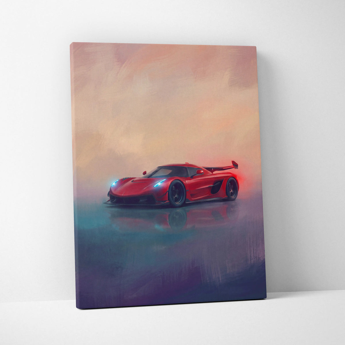 Red koenigsegg jesko attack hypercar stylized painting on canvas luxury supercar wall art print