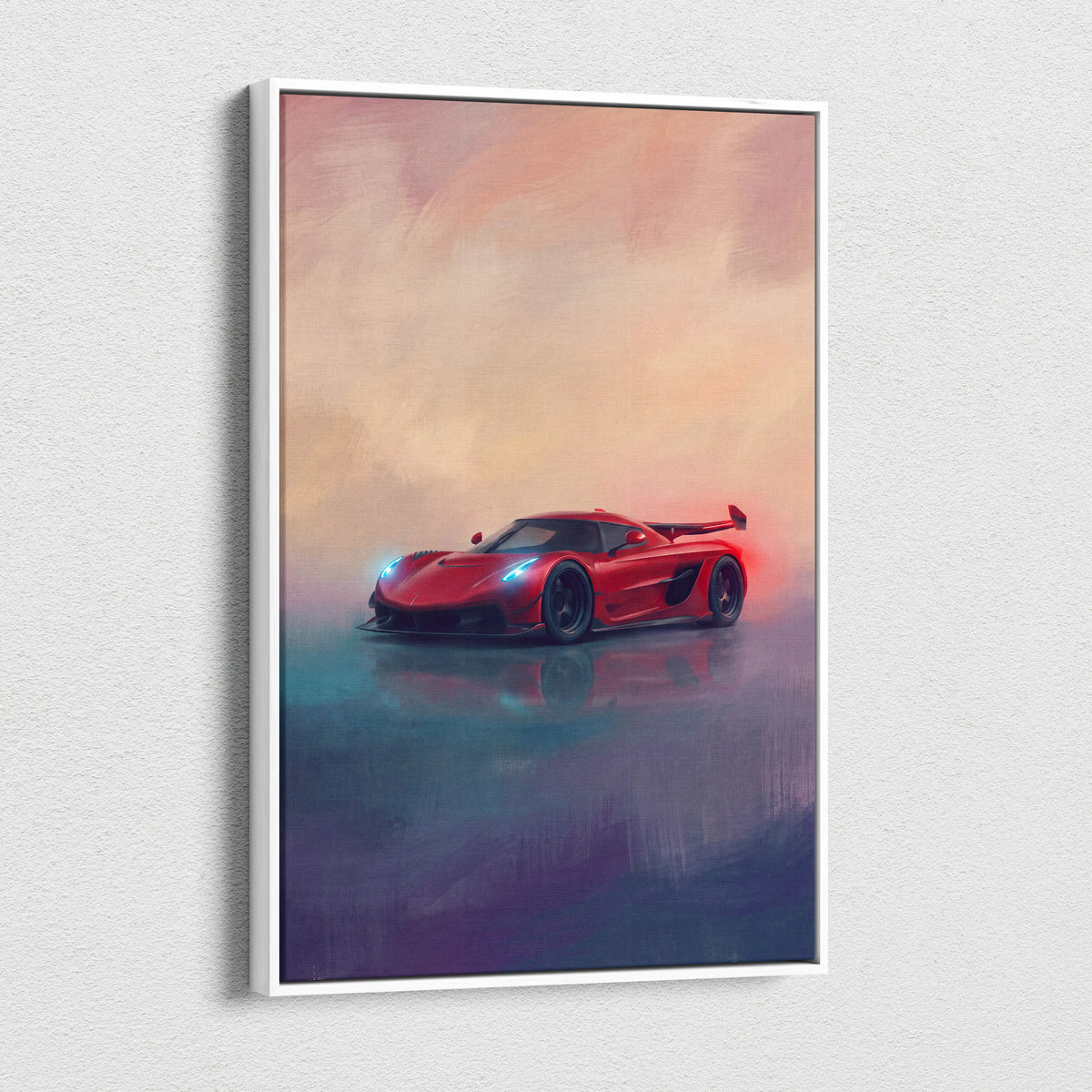 Red koenigsegg jesko attack hypercar stylized painting in white frame luxury automotive wall art canvas print